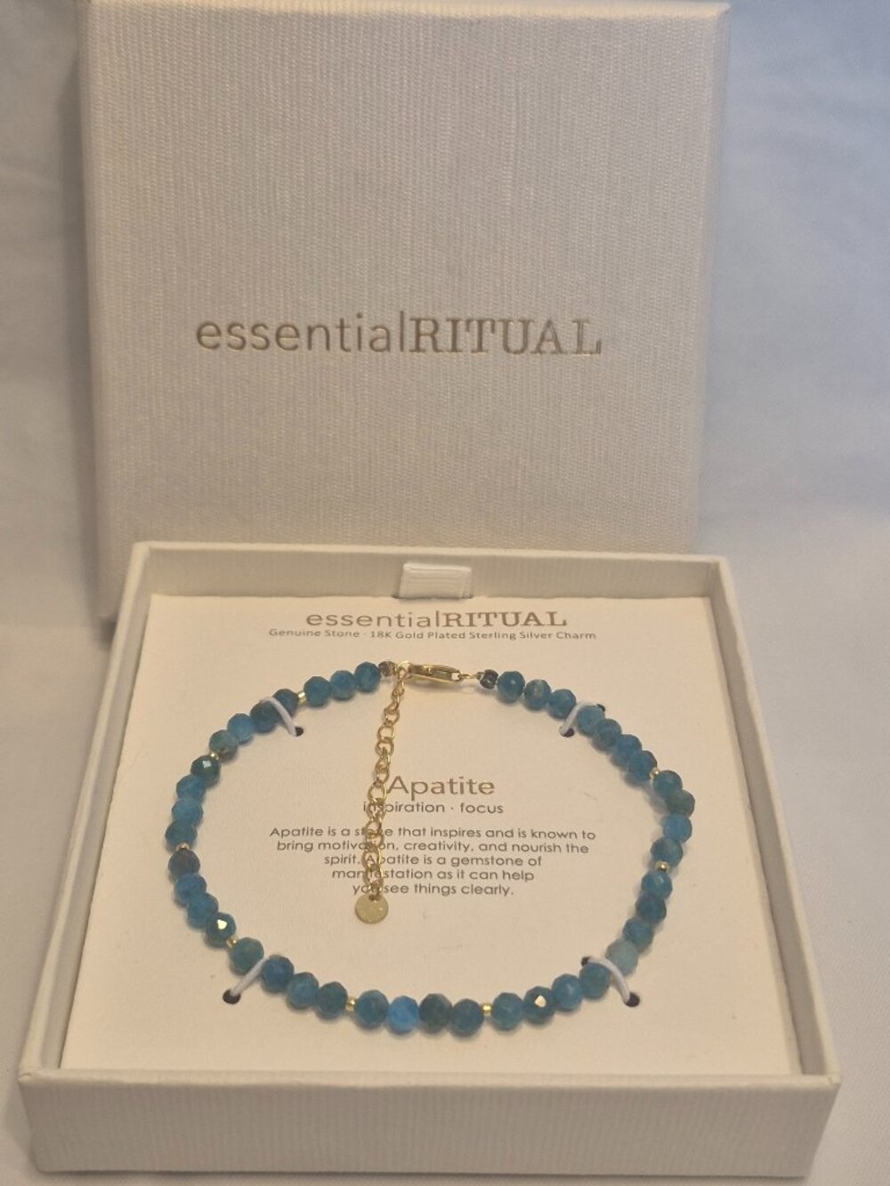 NIB Essential Ritual 18k Gold Plated Silver Charm Apatite Bracelet